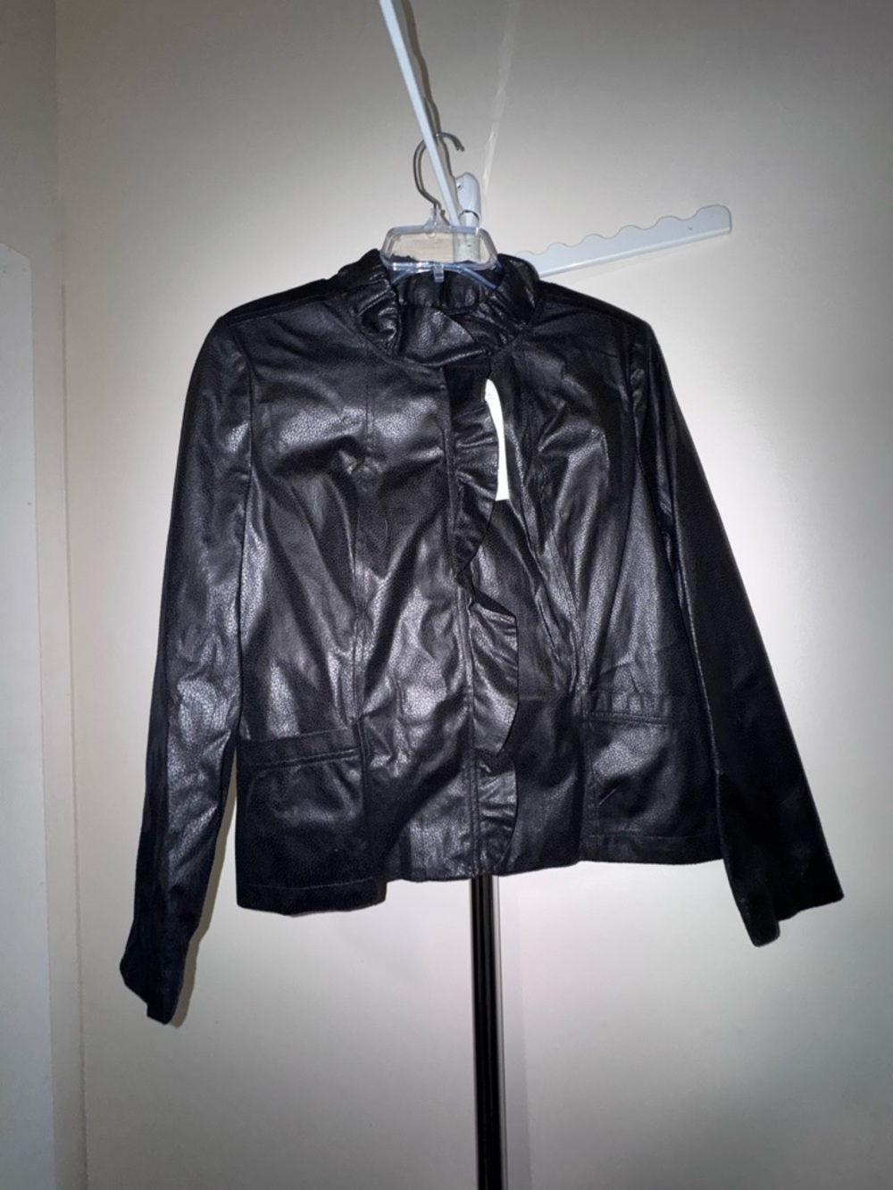 Black Faux Leather Women's Jacket - Classic Zip Front with Ruffle Detail